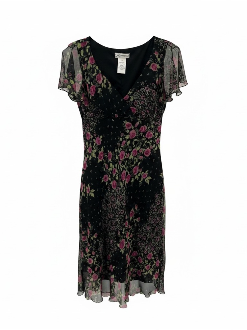 Vintage Dressbarn Y2K black midi dress with Pink Rose Print